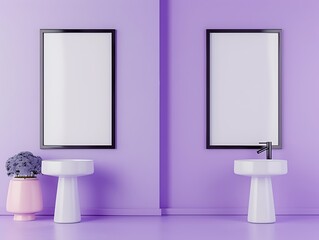 A minimalist bathroom with a lavender wall, displaying two medium-sized empty black frames side by side. The frames add a sophisticated touch to the clean, simple space.