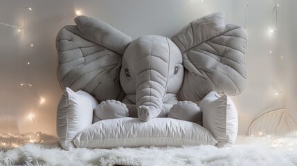 A cozy elephant-shaped baby couch on a white background, decorated with soft gray lighting to enhance the elephanta??s large ears and friendly trunk.