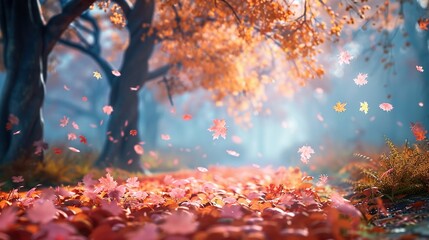 Wall Mural - a beautiful autumn scene with trees and leaves falling