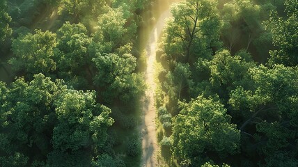 Wall Mural - Sunlit Path Through Lush Green Forest Surrounded by Tall Trees
