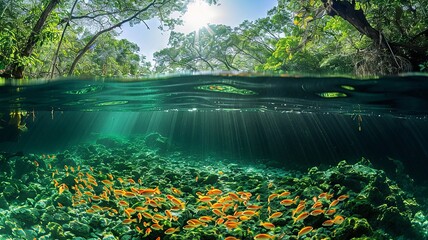 Tropical Waterscape with Sunlit Underwater Reef and Vibrant Orange Fish in Lush Green Forest