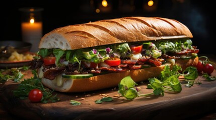 Wall Mural - Delicious sandwich full of meat and vegetables, black and blur background