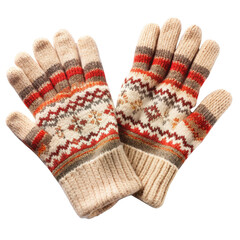 Winter knit gloves with a colorful pattern. Made from soft, warm material, perfect for cold weather. Isolated on transparent background, png.