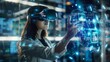 © 为轩 张 - Young Business Professional Wearing VR Headset in a Futuristic Office Interacting with Holographic Data, Embracing Digital Technology and Innovation. Exploring Virtual Reality for Business Solutions a