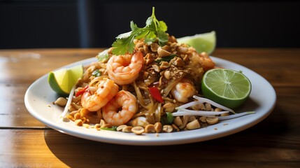 A plate of pad thai with peanuts and lime