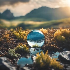 Wall Mural - AI generated illustration of a crystal ball reflecting a scenic mountain landscape with moss