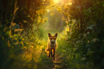 Wall Mural - A small fox is walking through a forest