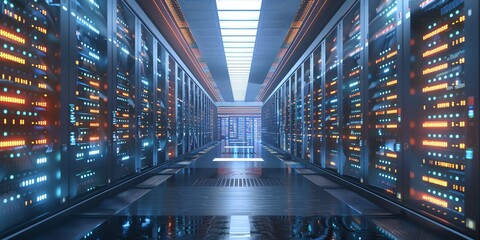  rows of servers in a large data center, in detailed data center, background is data server room, in realistic data center, extreamly detailed data center, datacentre, data center