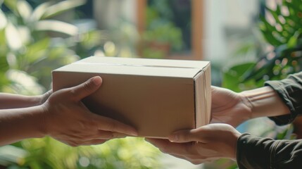 Cardboard package being handed over, home delivery service concept, bright indoor setting, close-up of hands and box