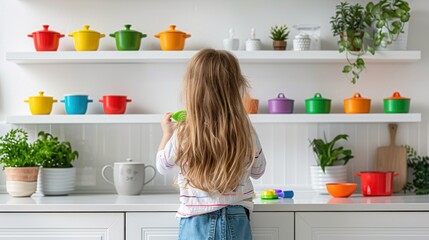 A young girl is standing in a kitchen with a variety of colorful pots and pans on a shelf