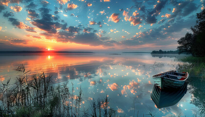 Wall Mural - Sunset Over Lake with Calm Waters and Clouds