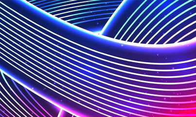 Fototapete - Abstract 3D neon stripes light lines glowing in ultraviolet light. Bright blue purple violet pink light lines. Futuristic ultraviolet wallpaper. Dynamic shape, modern sci-fi fantasy. Science Vector.