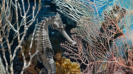 Poster - Detailed shot of a seahorse amidst fan corals, blending with the environment, peaceful and poised. 