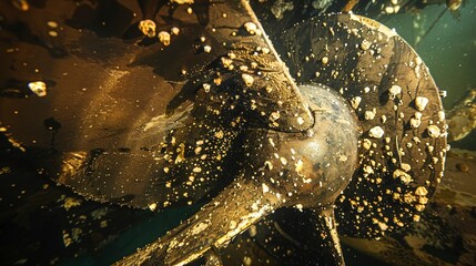 Wall Mural - Close-up of barnacle-covered propeller on an underwater shipwreck, textures highlighted by filtered sunlight. 