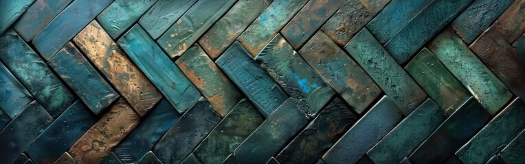 Abstract Grunge Herringbone Tiles Texture in Dark Green and Blue - Panoramic Long Seamless Pattern for Background Banner