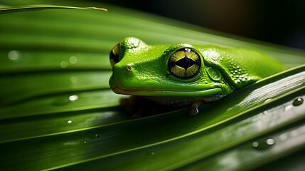 Wall Mural - Top view of green tree frog on leaf ai generated