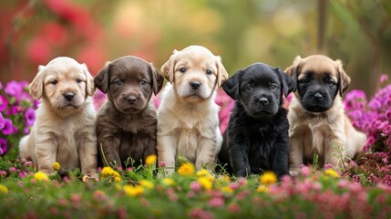 Wall Mural - Group of puppies sitting in field of flowers