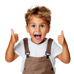 Wall Mural - Portrait of a smiling and excited boy showing thumbs up, isolated on transparent background