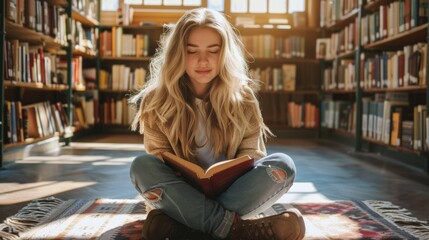 Wall Mural - A young woman sits on a rug with a book in her lap. She is smiling and she is enjoying her reading. The scene suggests a peaceful and relaxing atmosphere