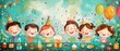 © Thanyaporn - A fun and vibrant pop art scene of kids enjoying a birthday party The background is filled with bright colors and playful designs capturing the festive atmosphere The children are shown playing games