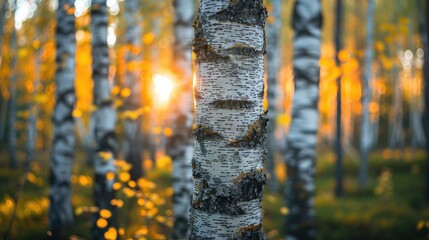 Sticker - Sunlight filters through the dense birch trees in the forest, creating patterns of light and shadow on the ground.