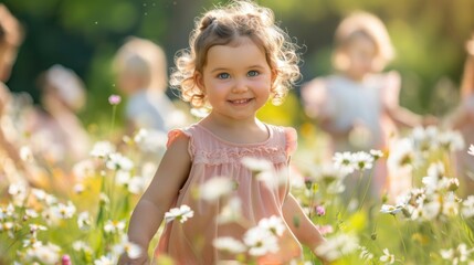 Wall Mural - A young girl is smiling in a field of flowers. The scene is bright and cheerful, with the sun shining down on the flowers and the girl. The girl is the main focus of the image