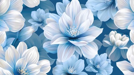 Wall Mural - Large white flowers seamless pattern on a blue background