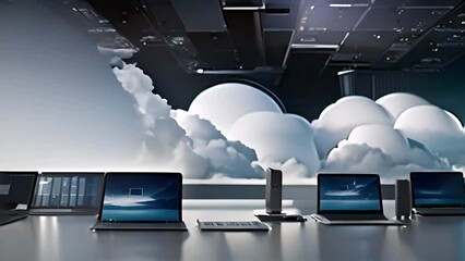 Poster - cloud computing laptops with data center in background generative ai