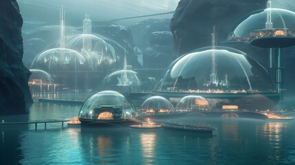 Wall Mural - A futuristic underwater city with transparent domes and luminous architecture, set in the depths of an infinite ocean. 32k, full ultra hd, high resolution