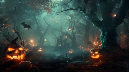 Wall Mural - 5. Illuminate the mystical allure of Halloween by showcasing a mystical forest shrouded in mist, with mysterious creatures lurking in the shadows and the faint glow of jack-o'-lanterns illuminating