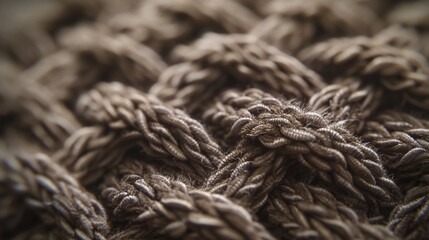 A high-resolution capture of a knitted woolen fabric, highlighting the repetitive stitch pattern and texture of the yarn. 32k, full ultra hd, high resolution