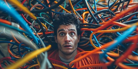 Man looking at tangled colorful wires representing complexity and confusion. Concept Abstract, Complexity, Confusion, Technology, Tangled Wires