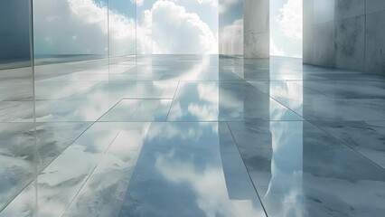 Wall Mural - Smooth and almost glasslike concrete with a polished surface reflecting the surrounding buildings and sky.