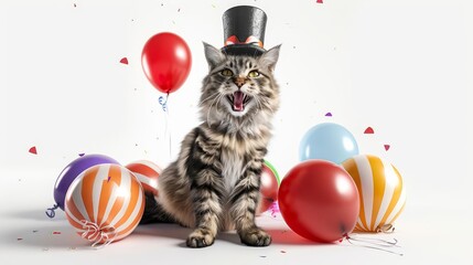 Wall Mural - cat sitting in front of balloons and a top hat