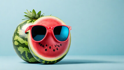 A Tropical watermelon wearing summer sunglasses on isolated plain background and copy space
