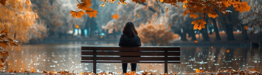 Canvas Print - Woman Sitting on a Bench in Autumn.