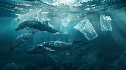 Whale in the sea full of plastic, environmental conservation concept