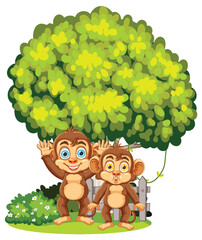 Canvas Print - Two monkeys playing near a tree