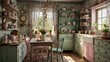 © Henry - shabby chic kitchen floral wallpaper, wooden furniture, rustic dining table. The kitchen decorated with potted plants, hanging utensils, and various kitchenware. Sunlight streams through the windows