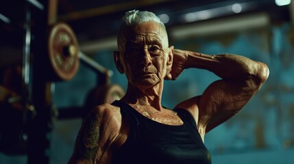 Wall Mural - Old woman who is strong because of exercise and bodybuilding, health concept