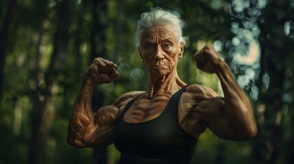 Wall Mural - Old woman who is strong because of exercise and bodybuilding, health concept