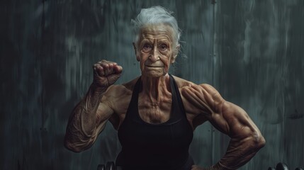 Poster - Old woman who is strong because of exercise and bodybuilding, health concept