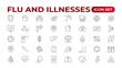 © artnazu - Set of Flu and Illnesses line icons. Collection of linear icons such as hygiene, disinfection, symptoms, treatment, virus, prevention, cancer, coronavirus, mental illnesses, and more.
