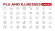 © artnazu - Set of Flu and Illnesses line icons. Collection of linear icons such as hygiene, disinfection, symptoms, treatment, virus, prevention, cancer, coronavirus, mental illnesses, and more.