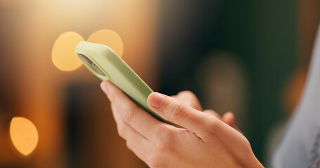 Poster - Hands, phone and person with communication on internet, social media or mobile app for connectivity. Technology, bokeh and smartphone for networking on website for contact, texting or research.