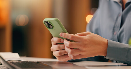 Poster - Business, person or hands with phone texting email in office for networking on app for social media. Closeup, laptop and secretary typing on mobile for research or online news on website at night