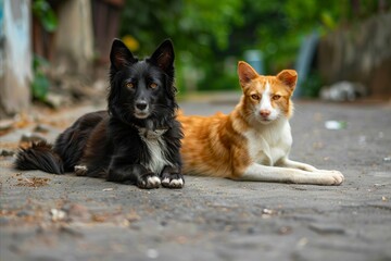 Wall Mural - Two dogs laying on the ground in an alley.