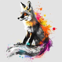 Poster - Monochrome Fox with a Tail Bursting into a Vibrant Color Explosion Isolated on White Background  Striking and Dynamic Digital with Contemporary Aesthetics