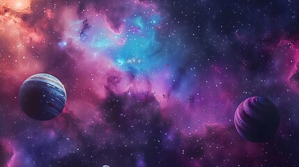 planets in outer space with galaxy views. Vivid fantasy art illustration.