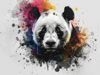 Poster - Striking and Vibrant Panda Abstract Art with Colorful Splash Digital Painting with Monochrome Panda and Radiating Color Burst Pattern
